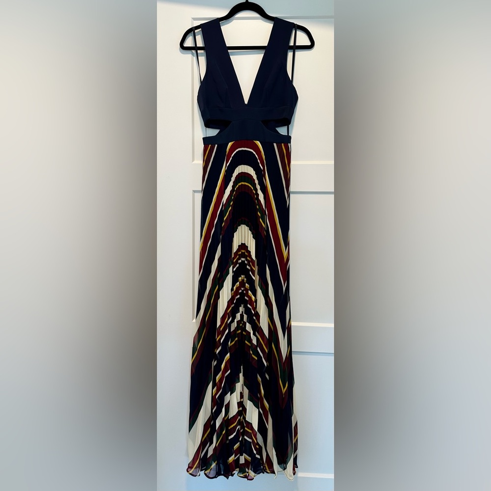 BCBG Maxazria cut out gown, navy blue with colored skirt